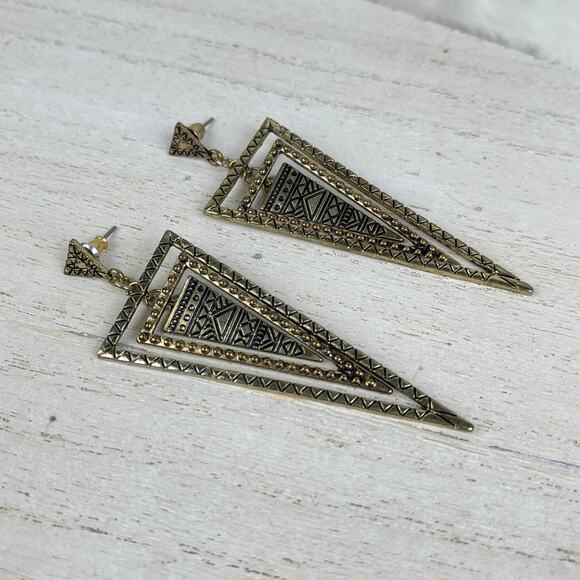 Gold Tone Tiered Triangle Cairo Dangle Earrings Black Geo Geometric Boho Jewelry - Picture 3 of 16